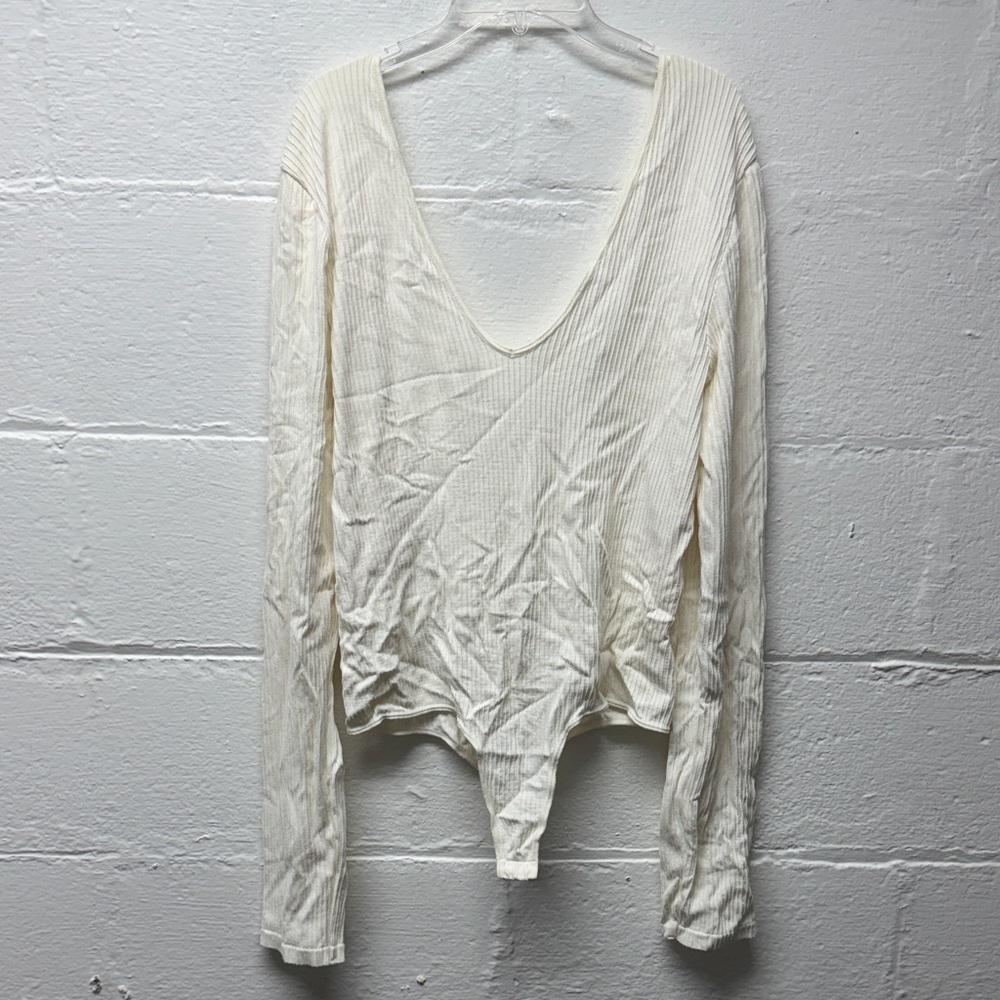 Women’s Cream Ribbed V-Neck Bodysuit Long Sleeve Top